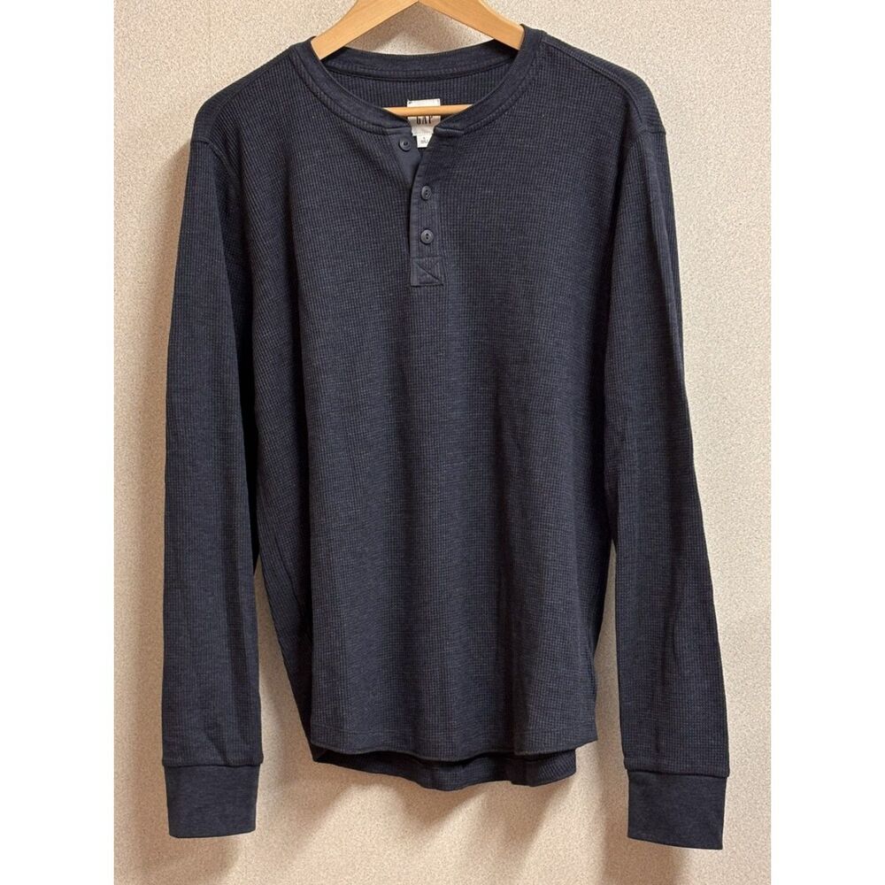 NWT Gap Men’s Waffle Knit Thermal Henley Shirt Large Tapestry Navy 100% Cotton